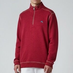 Tommy Bahama Red Quarter Zip Pullover Sweatshirt Mens L G Pima‎ Cotton preppy